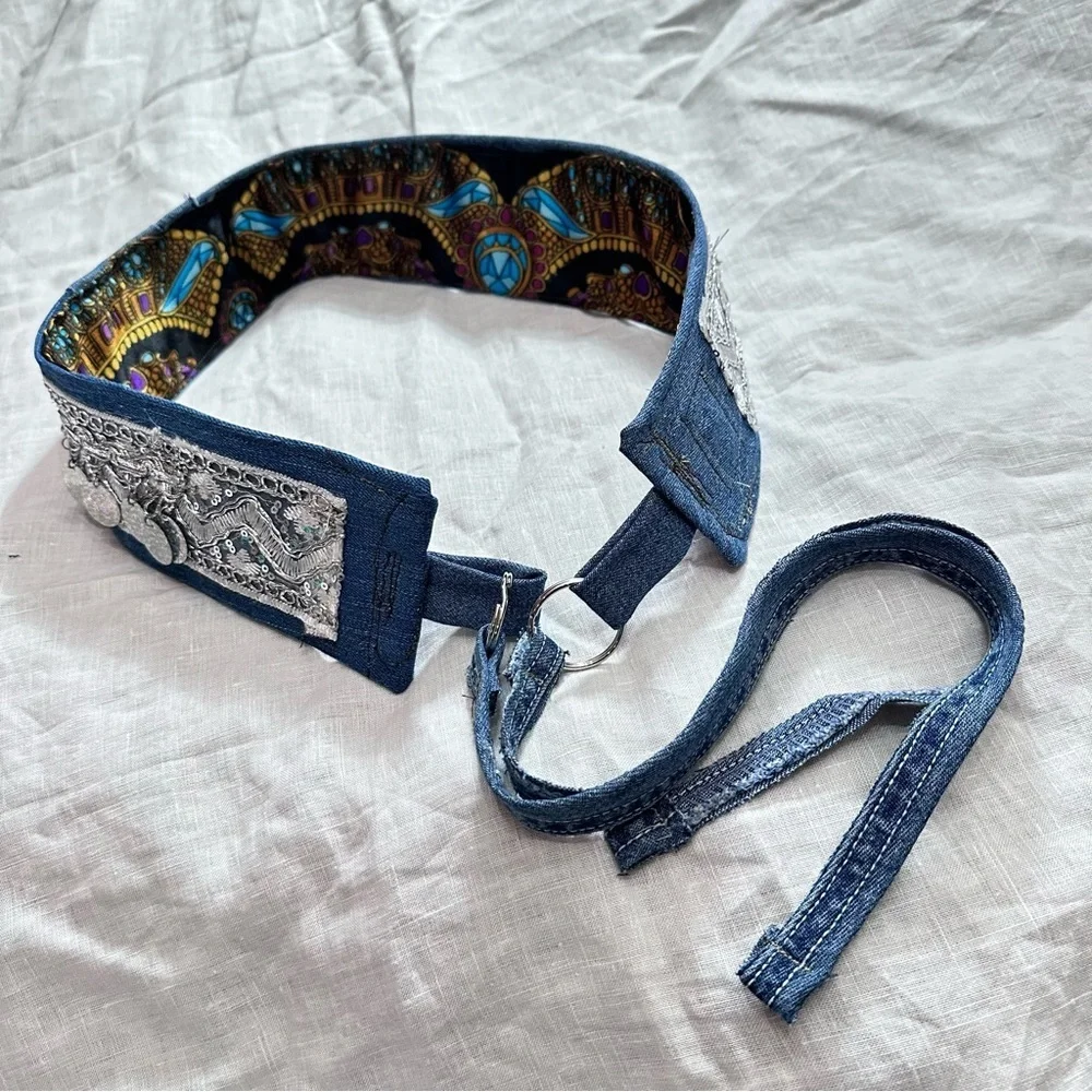 Artisan Boho Denim Coin Belt Handmade Upcycled Festival Waist Belt 33-38 Signed